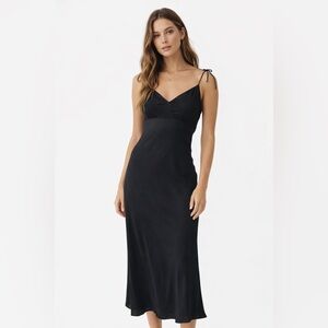 Vtg Y2K Tommy Hilfiger Black Silk Midi Slip Dress Tie Straps Size 2 Minimalist